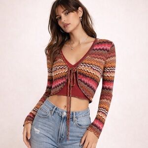 Save The Queen Vintage Y2K Italian Designer Tie-Front Crop Cardigan Mod L